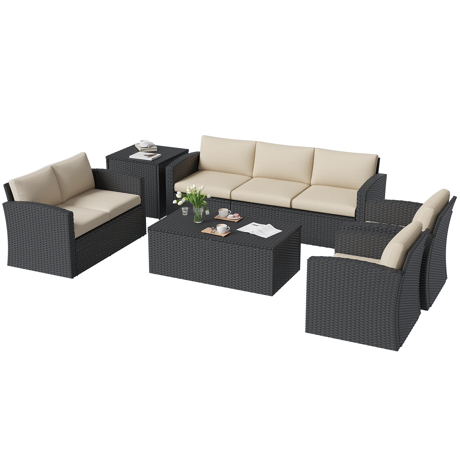 AECOJOY 7 PCS Outdoor Patio Furniture Sets with 2 Storage Boxes, Black & Beige