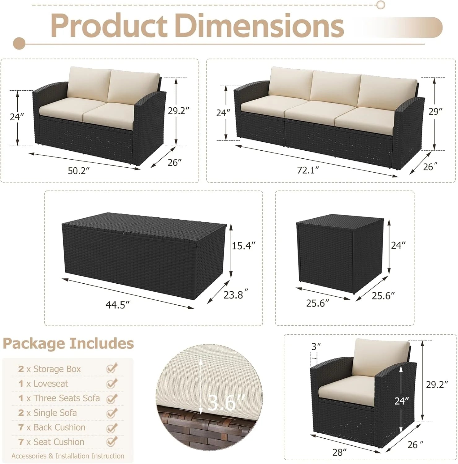 AECOJOY 7 PCS Outdoor Patio Furniture Sets with 2 Storage Boxes, Black & Beige