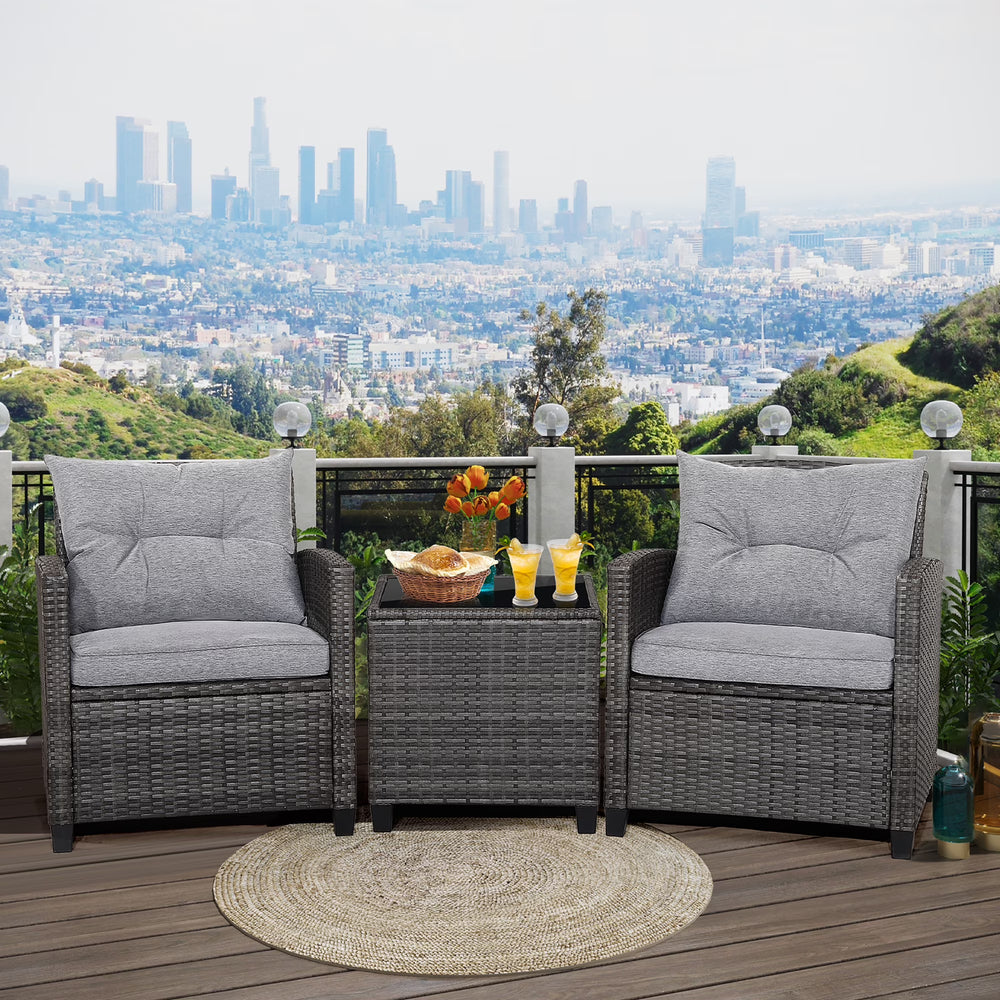 Gymax 3PCS Patio Rattan Sofa Set Outdoor Wicker Conversation Set Glass Tabletop W/ Grey Cushion