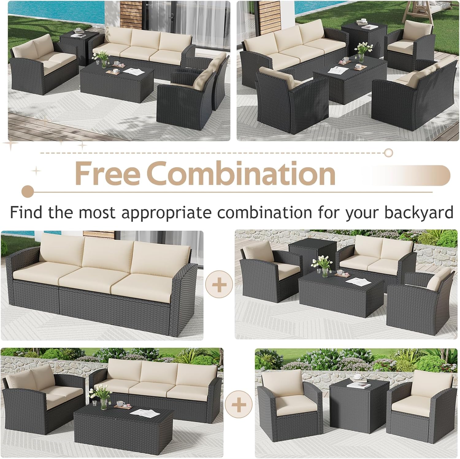 AECOJOY 7 PCS Outdoor Patio Furniture Sets with 2 Storage Boxes, Black & Beige