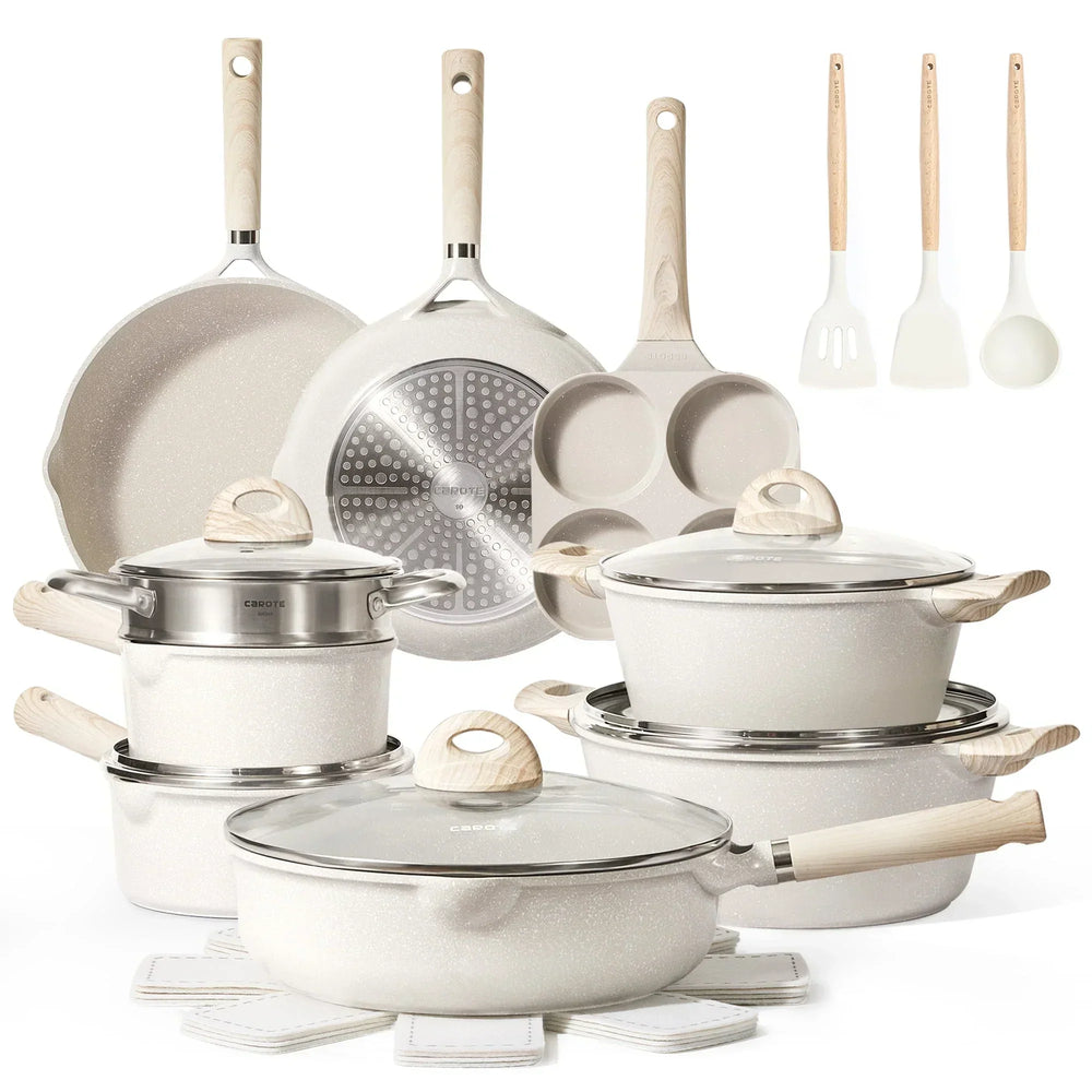 Non Stick Pots and Pans Set, 21 Pcs Induction Kitchen Cookware Sets (Beige Granite)